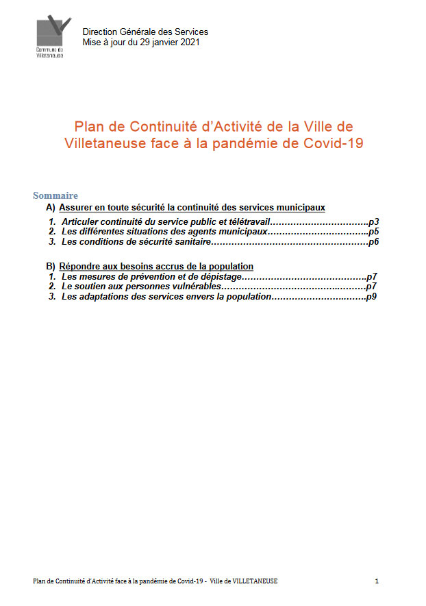 Plan de Continuité d’Activité de la Ville de Villetaneuse face à la pandémie de Covid-19
