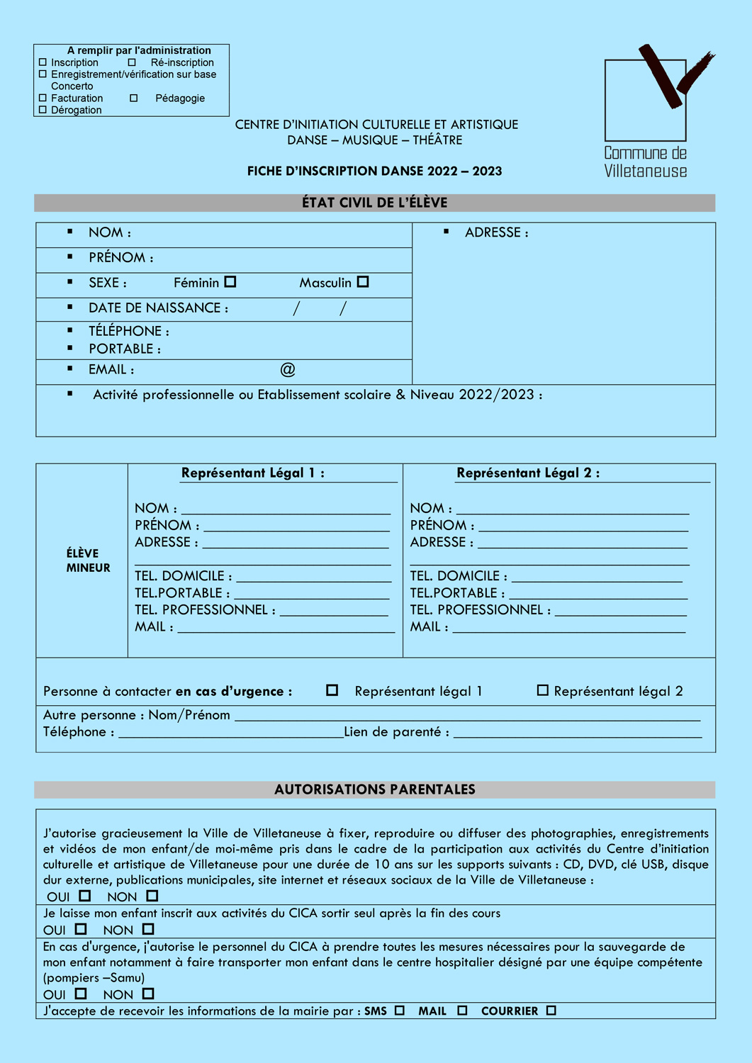 DANSE | Fiche d'inscription CICA 2022-2023