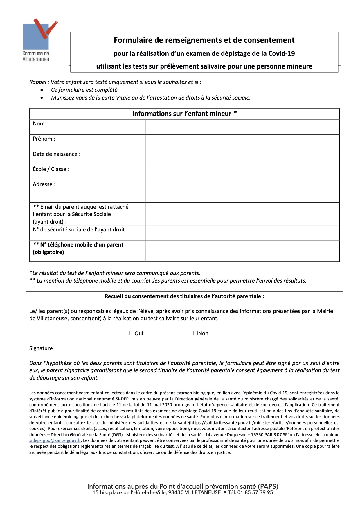 Formulaire De Renseignement Et De Consentement Test Salivaire