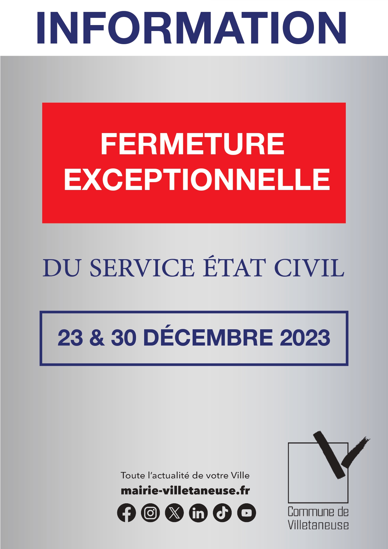 Fermeture exceptionnelle du service état civil