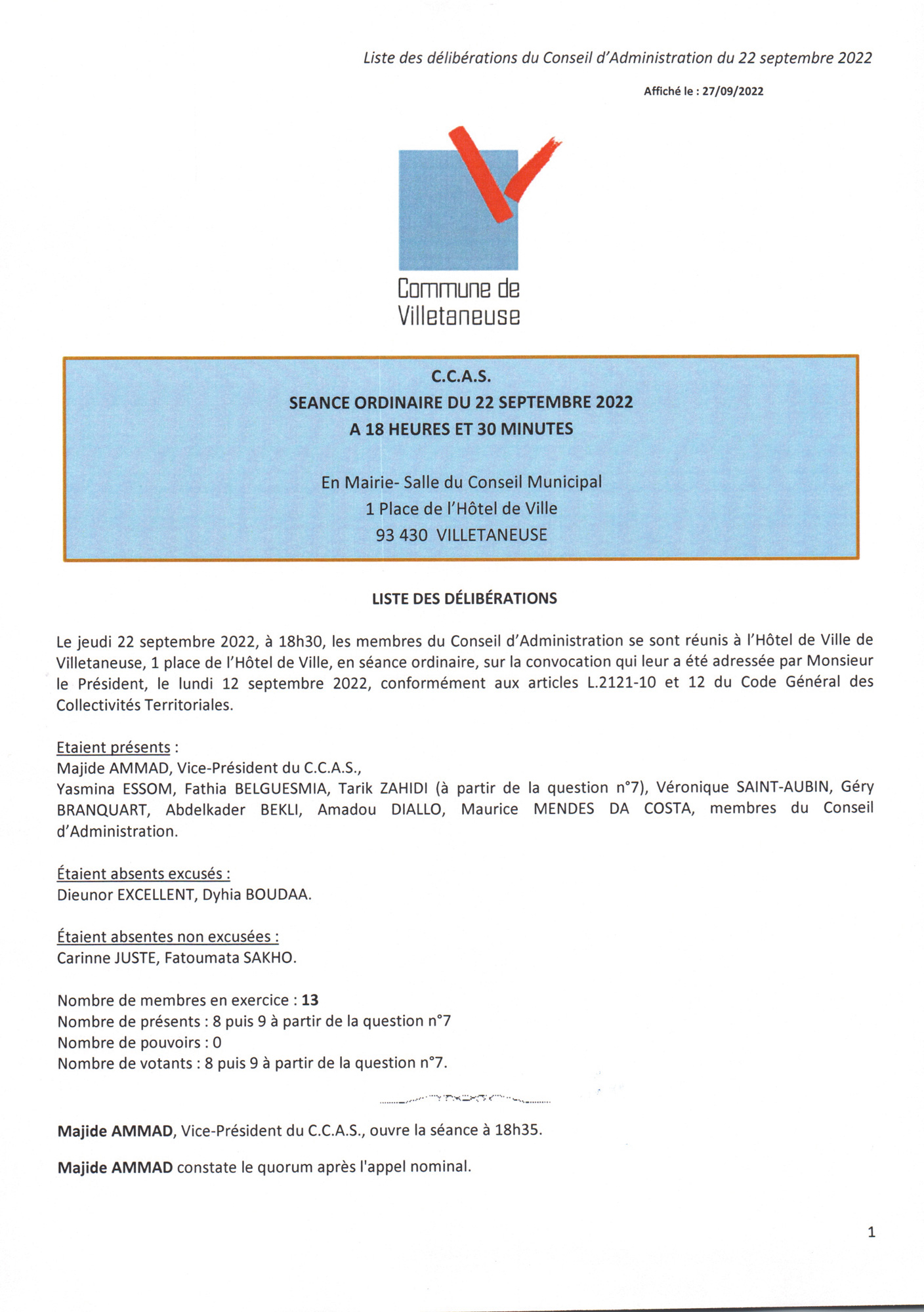 CCAS | Séance du 22 septembre 2022 | Liste des délibérations