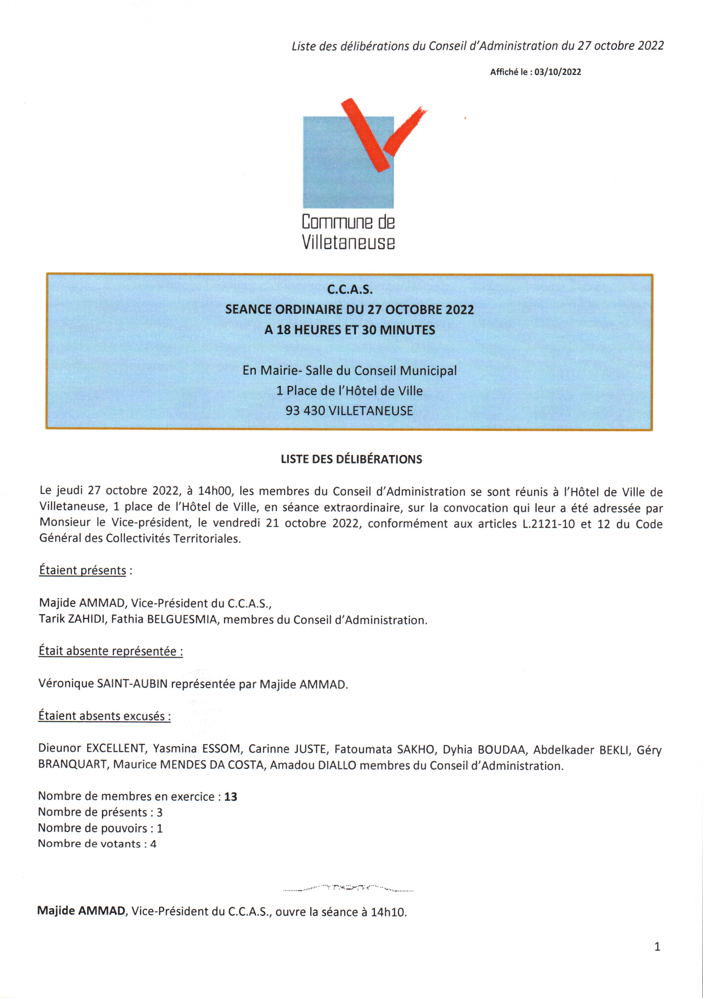 CCAS | Séance du 27 octobre 2022 | Liste des délibérations