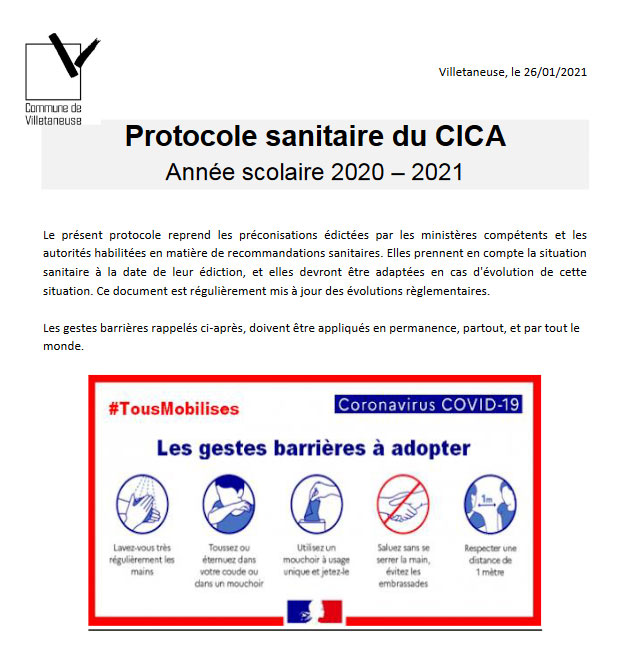 Protocole sanitaire du CICA (centre d’initiation culturelle et artistique)