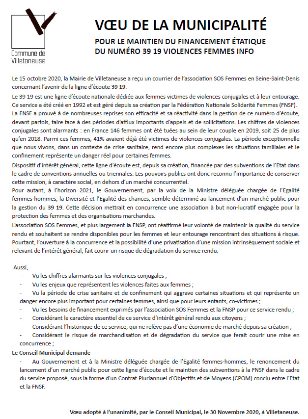 Voeu du Conseil municipal : "Villetaneuse dit NON à la privatisation du 39 19"