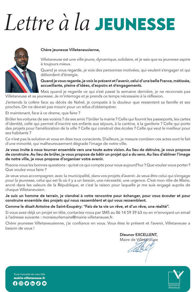 Lettre à la Jeunesse de M. le Maire Dieunor Excellent