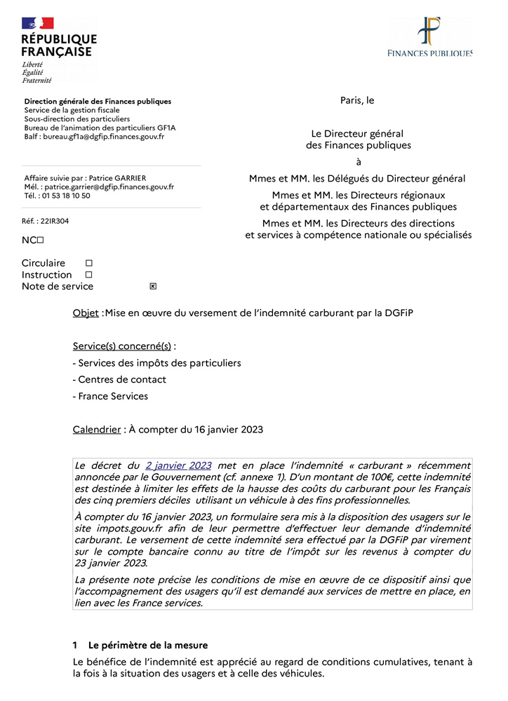 Direction générale des Finances publiques | Indemnité carburant 100€ | Formulaire jusqu'au 28 février 2023