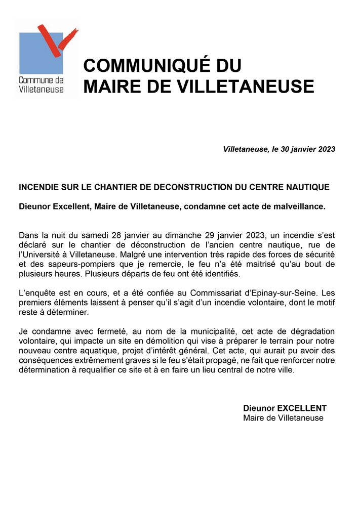 Communiqué | Incendie sur le chantier de déconstruction du centre nautique