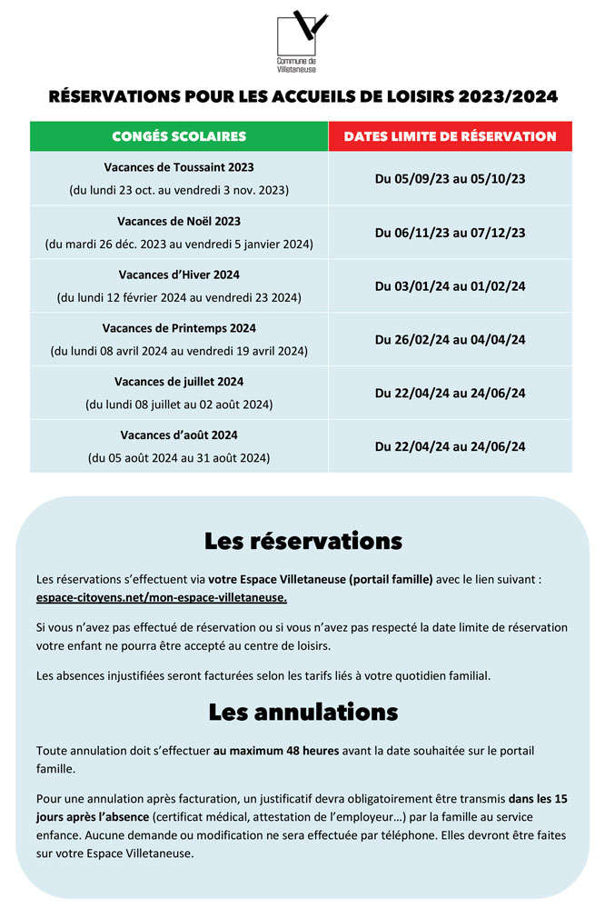 Accueils de loisirs | Dates de réservations 2023/2024