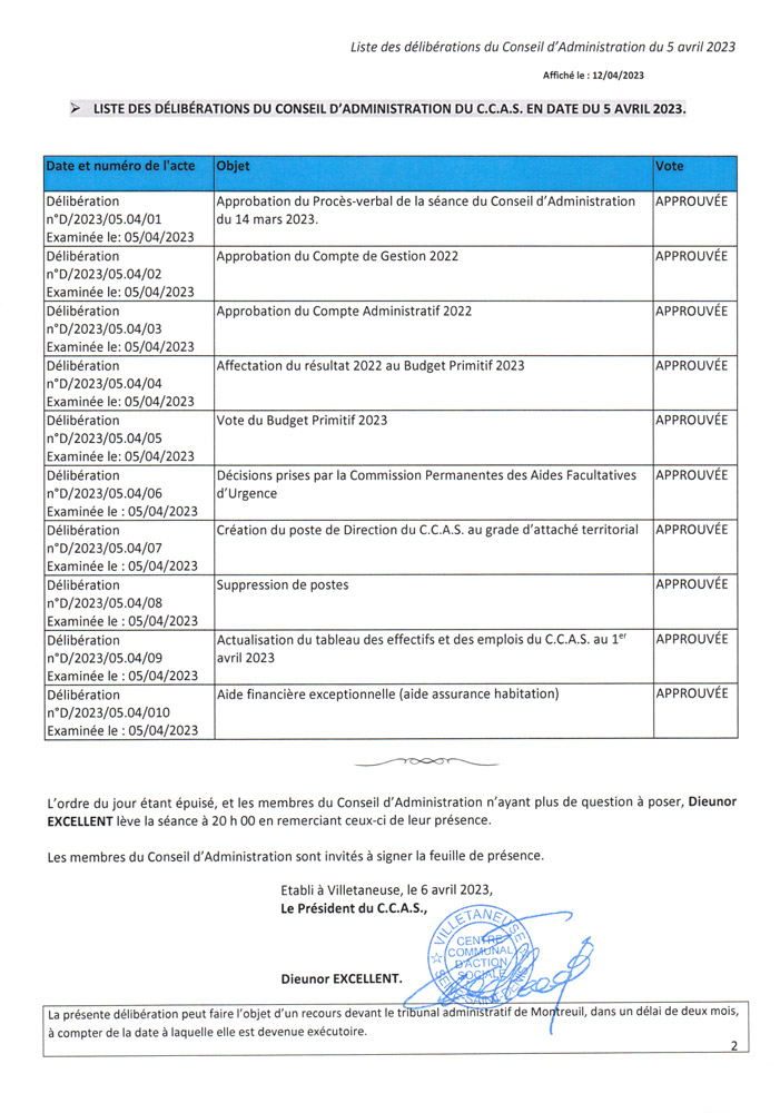 CCAS | Séance du 5 avril 2023 | Liste des délibérations