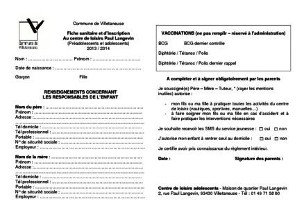 Fiche sanitaire du centre de loisirs adolescent